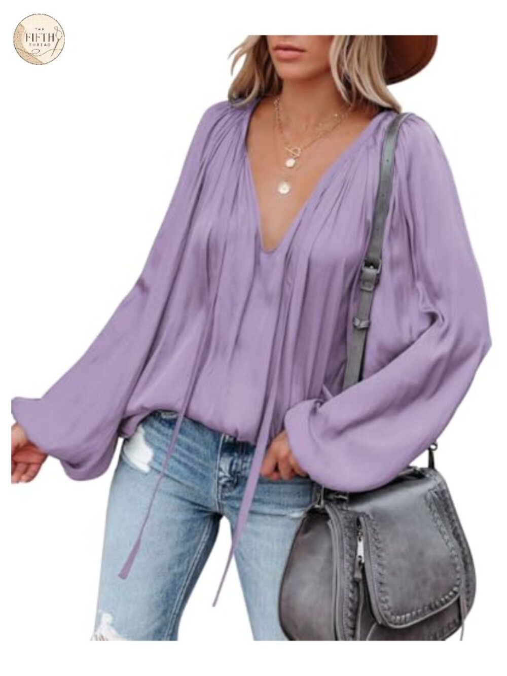 Deep V Neck Bell Long Sleeve Satin Flowy Tunic Blouse